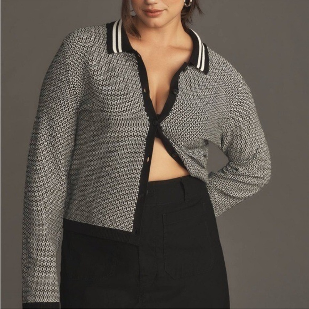 MAEVE ANTHROPOLOGIE WOMENS PLUNGING POLO CARDIGAN BLACK WHITE GEOMETRIC NWT XS